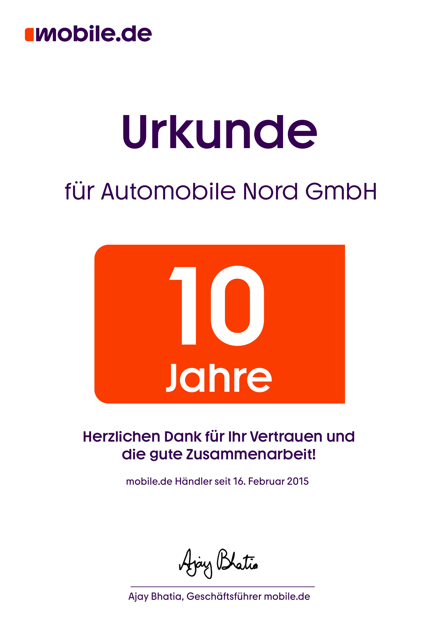 mobile.de Urkunde für zehn Jahre Händlerpartnerschaft mit Automobile Nord GmbH