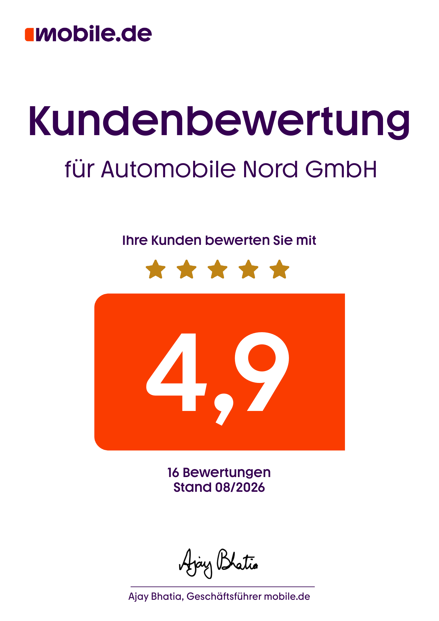 mobile.de Kundenbewertung für Automobile Nord GmbH mit 4,9 von 5 Sternen
